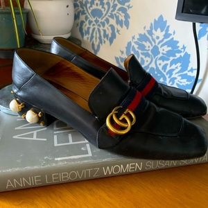 Gucci size 10 1/2 loafers with pearls on heels. Heavily used and loved.